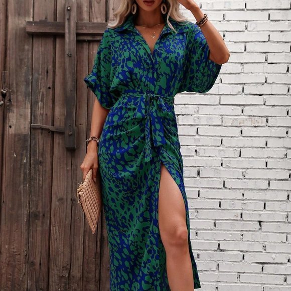 Multicolor Boho Womens Allover Print Batwing Sleeve Belted Shirt Dress - Picture 4 of 5